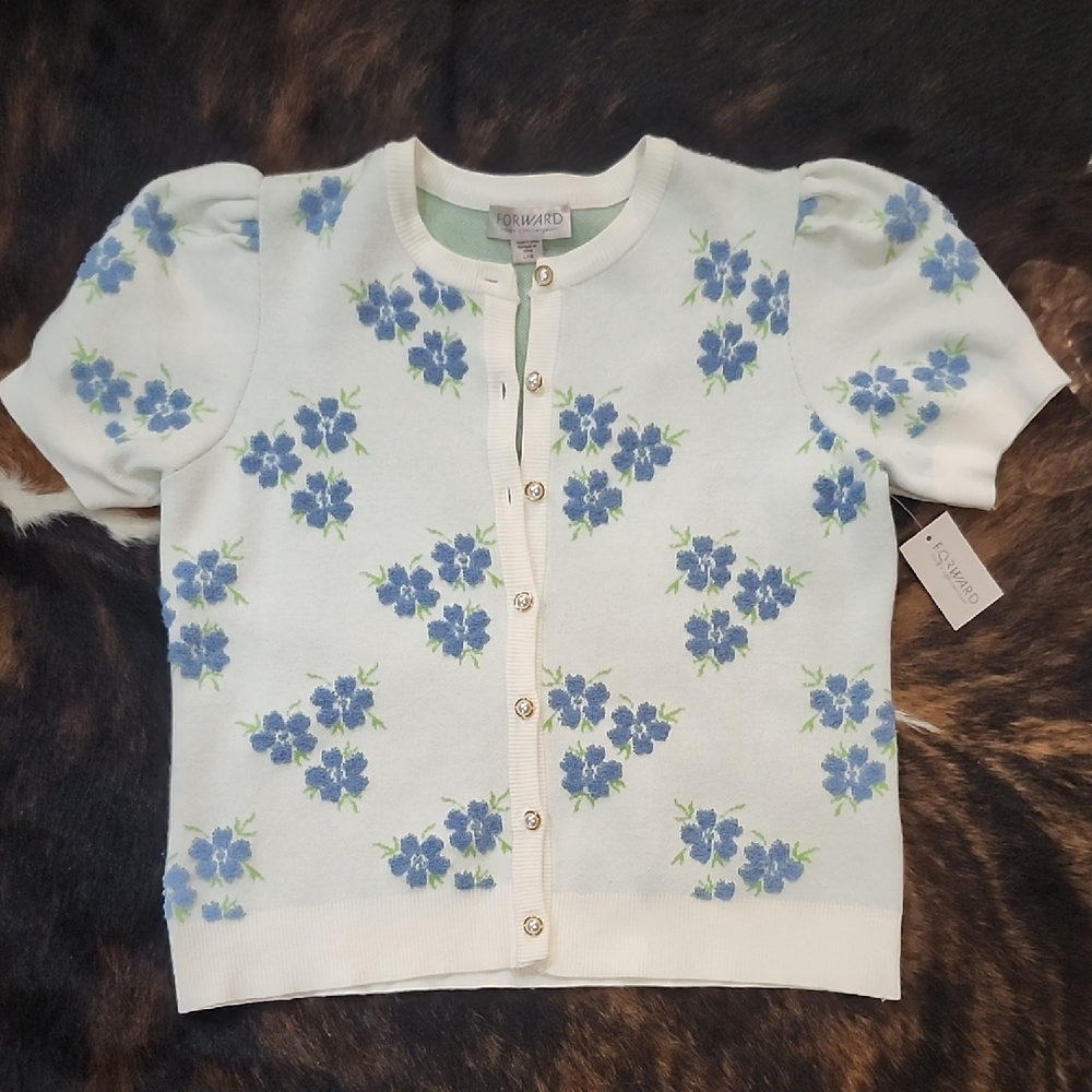 Womens Floral Cardigan Sweater - Blue Floral Design
